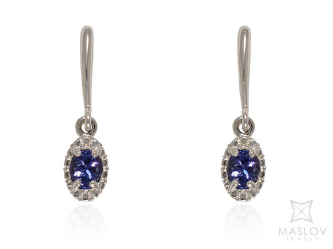 Tanzanite Oval Drop Earrings in White Gold Fancy Frame