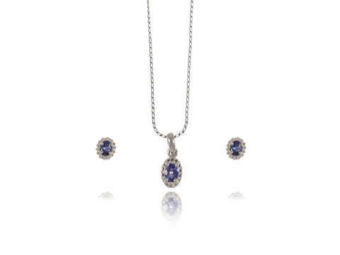 Oval Tanzanite Earring and Pendant Set in White Gold Fancy Frame